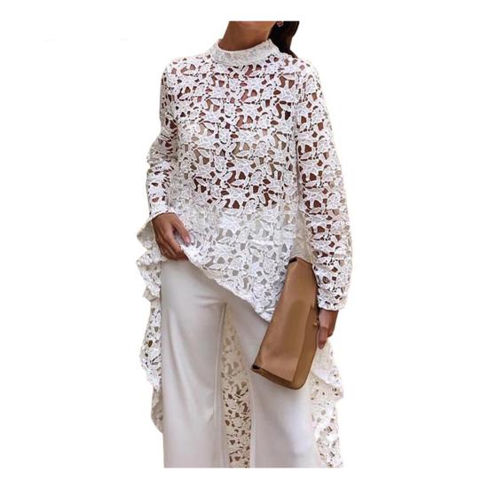 

Весенне-осенняя модная женская однотонная кружевная блузка с высоким низким верхом M