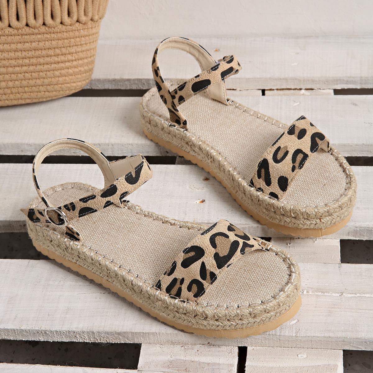 

2025 summer European and American new hemp braided platform ankle buckle open-toed sandals foreign trade large size buckle sandals women 36 цветной печати леопарда