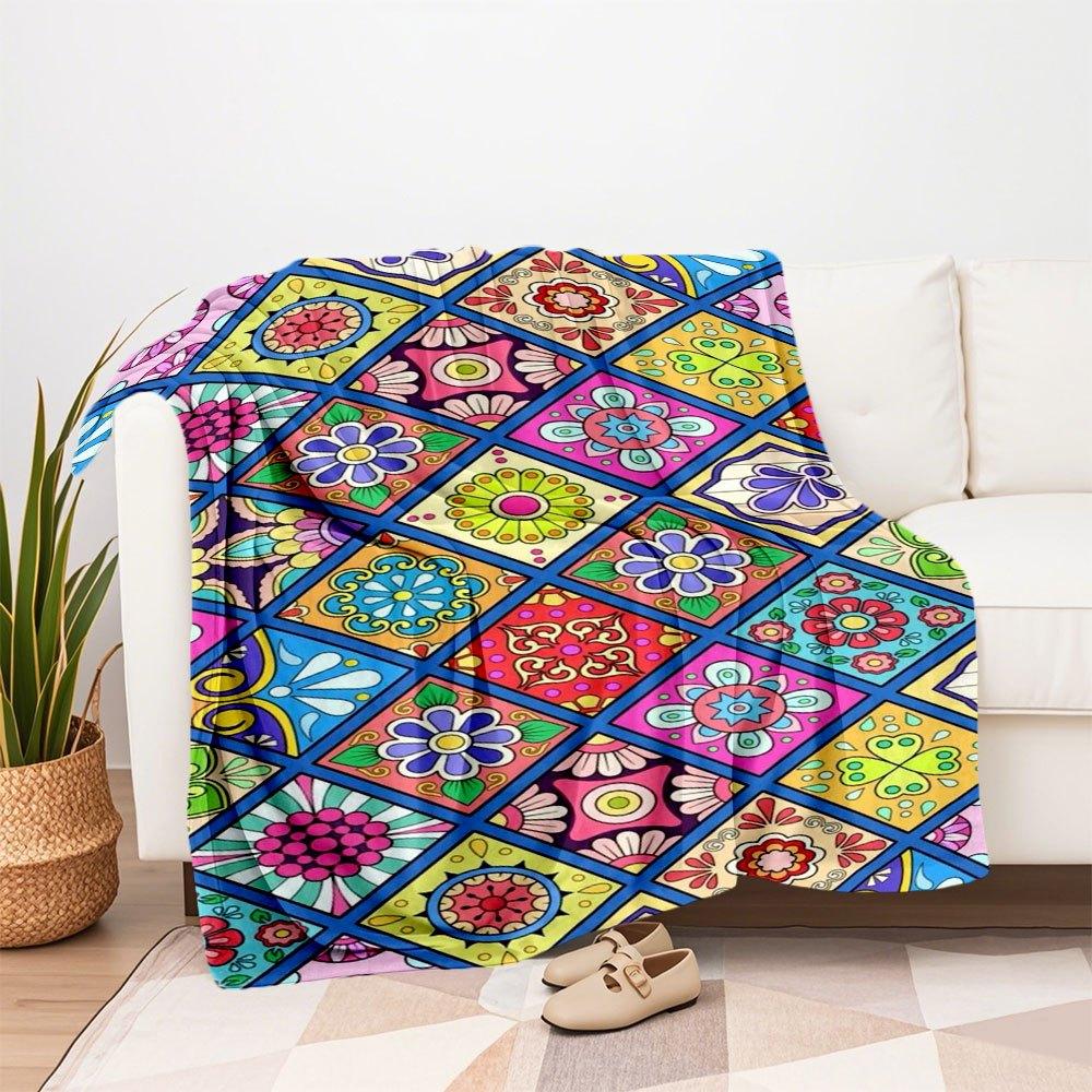 Colorful Mexican Tile Pattern Phone Case CoverBlanket Flannel Throw Blanket for Sofa, Bed, Travel, Camping, Office, Couch, Chair, And Bed Gi