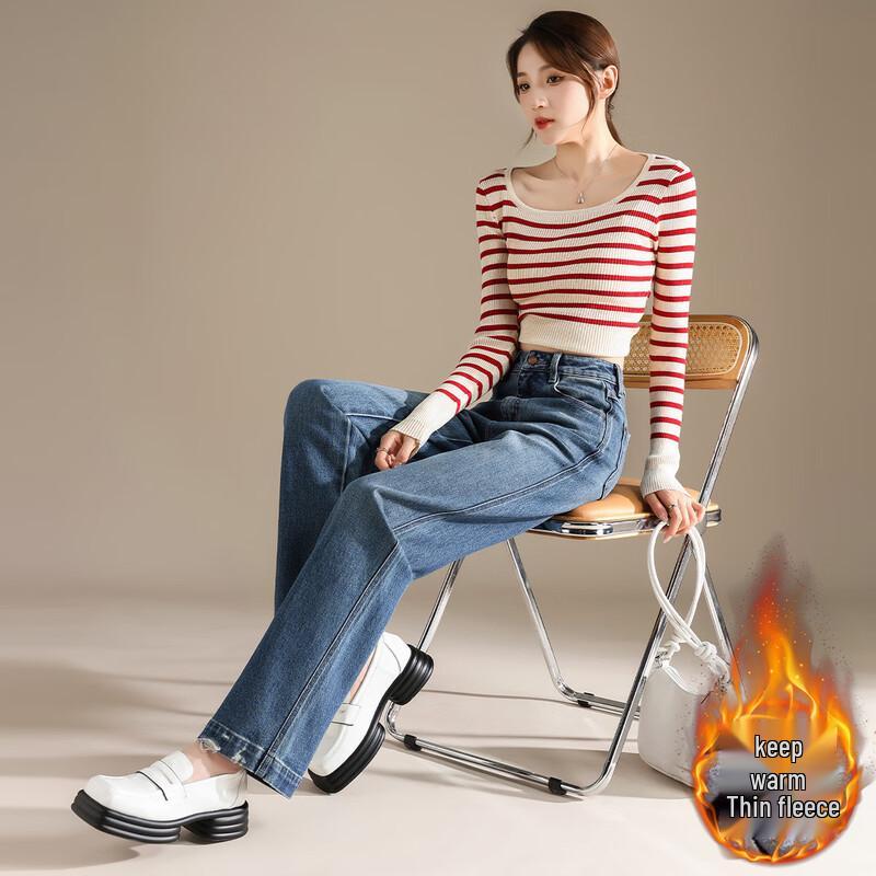 RAIN.CUN Women's High-Waist Loose Fleece Lined Wide-Leg Jeans