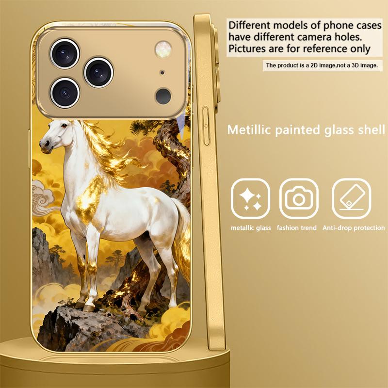 Tall and Sturdy Horse For IPhone 17Pro Max 16 17 Pro 15 Pro 14 13 Plus 12 Mini 11Pro Max XR 16E 17 Air Golden Glass Phone Case
