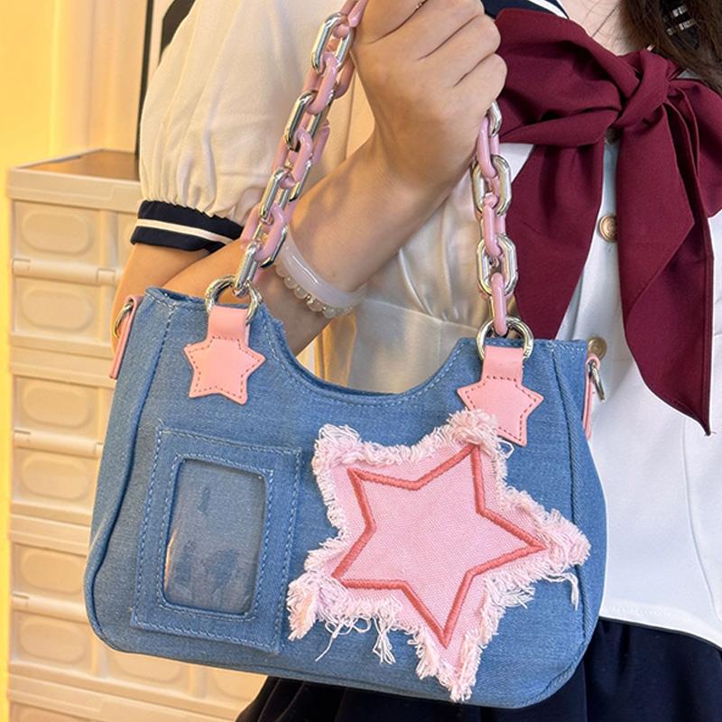 Y2K Vintage Korean Fashion Shoulder Bag Underarm Harajuku Star Tote Denim Bag Chain Ladies Bags Zip Purses Handbags Women