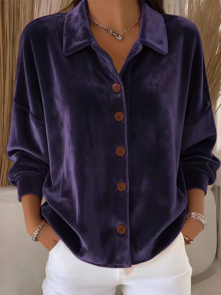 Women's Velvet Irt Long Sve Button Up Collar Casual Loose Fit Faionable Ele Sle Polyester Fiber Winter Season
