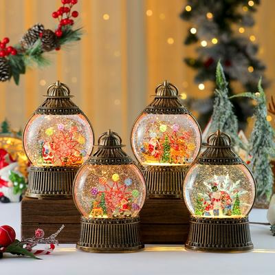 Noel Işıklı Dönen Yeldeğirmeni, Su Dolu Kar Yağışı, Düz Yuvarlak Rüzgar Feneri, Müzik Kutusu, Noel Masaüstü Dekorasyonu Hediyesi