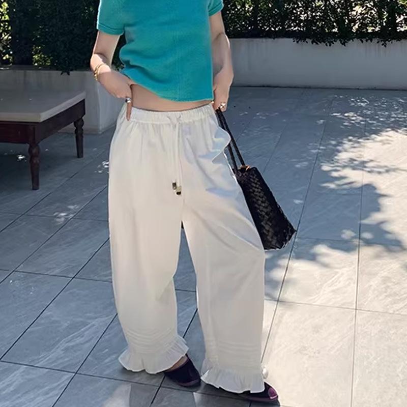Pleated Ruffle Lace Hem Lantern Casual Pants - 2026 Spring Arrival Medium белый