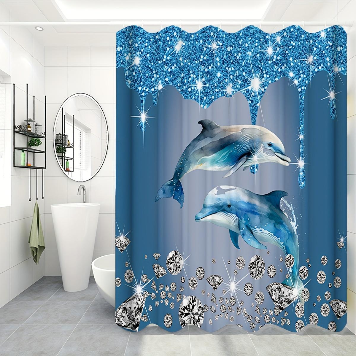 1Pc Shower Curtain - Sparkling Dolphins With Shimmering Diamonds In A Deep Blue Ocean Design Waterproof W60H190(CM)-1 Pcs