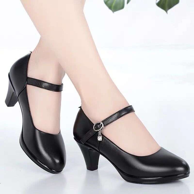 Black work shoes women's comfortable medium heel professional shoes soft sole non-slip women's leather shoes thick heel round head single shoes