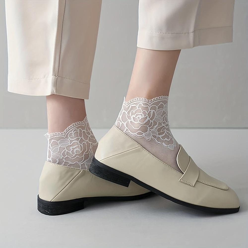 Șosete invizibile de vară pentru femei, cu model geometric din dantelă, bordură florală tricotată, respirabile, șosete de gleznă din dantelă