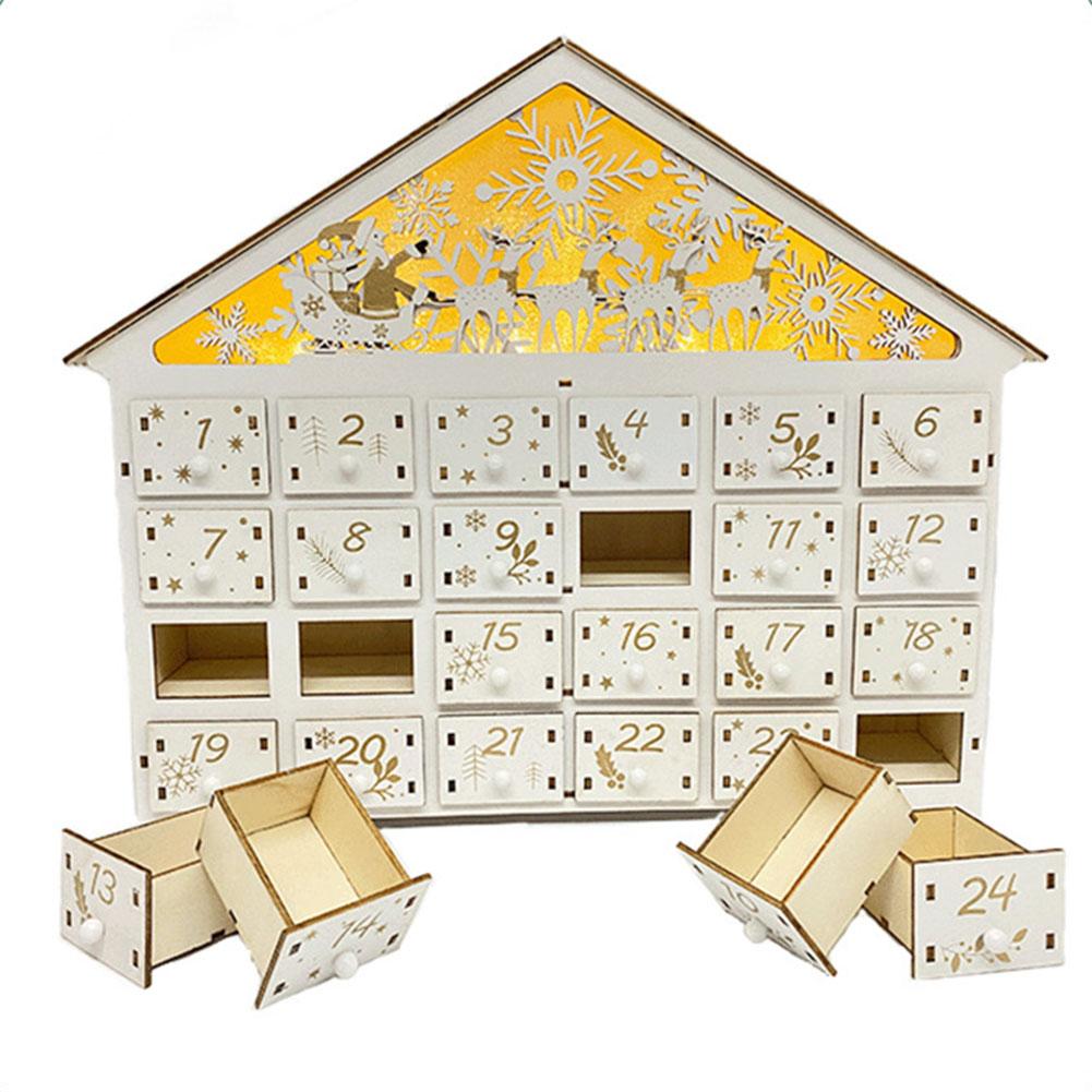 2025 Creations Wooden Christmas Advent Calendar House Shape Calendar Box Xmas Ornament Countdown to Christmas LED Light Calendar