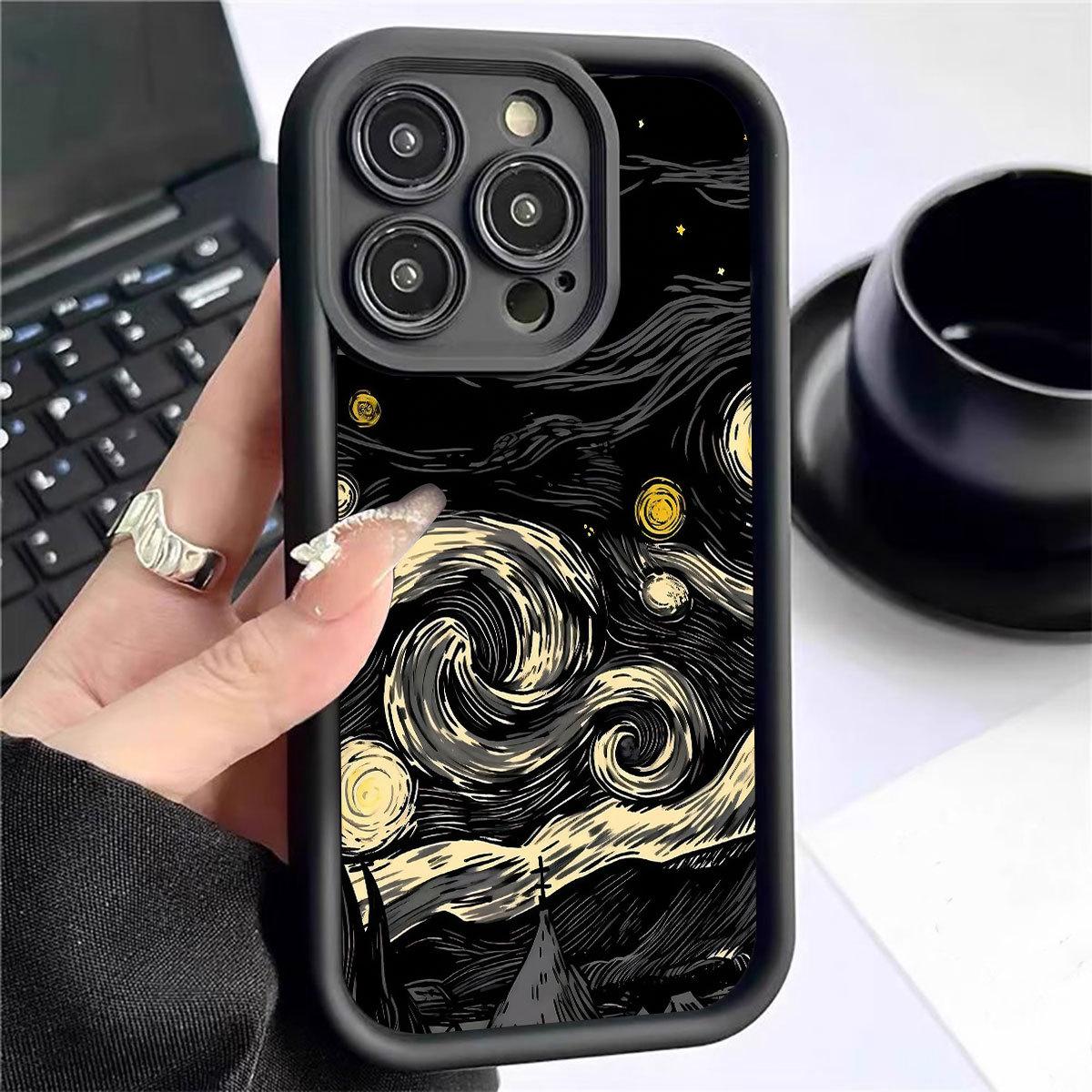 

Рельефный черный чехол для телефона Van Gogh Starry Night для iPhone 14/15/16/17 Pro Max iPhone 17 Air чёрный