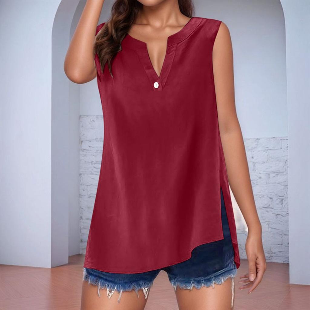 Women's Cotton Linen Solid Colour Sleeveless Shirt V-Neck With Buttons Loose Blouse