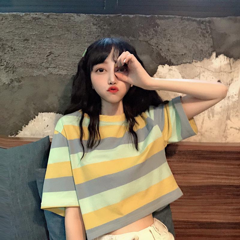 

Summer new Korean version loose rainbow stripe short-sleeved T-shirt schoolgirl short button top trendy M жёлтый