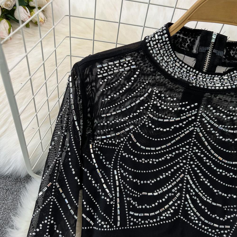 Fashion Suit, Fashion Long-sleeved Stand-up Collar, Slim-fitting Diamond-encrusted Short Top, Two-piece Set, High-waisted Fishtail Skirt.