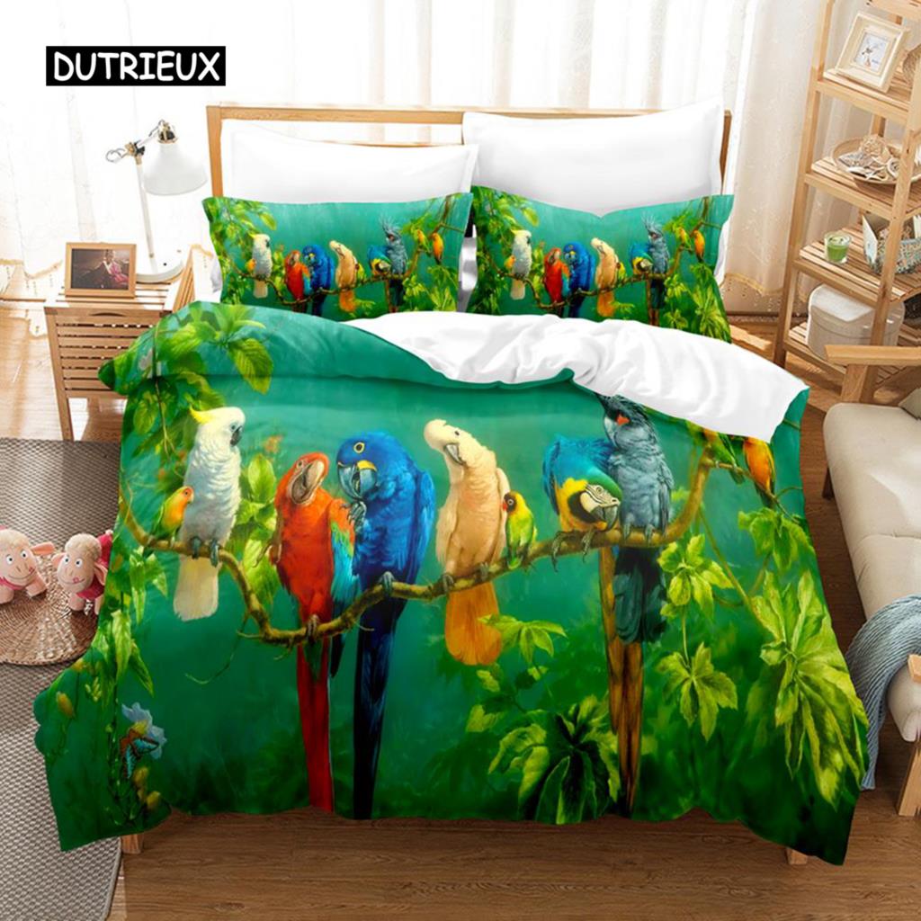 3D Parrot Duvet Cover Set Microfiber Bedding with Pillowcase King Queen Twin Luxury Animal Print Quilt Cover