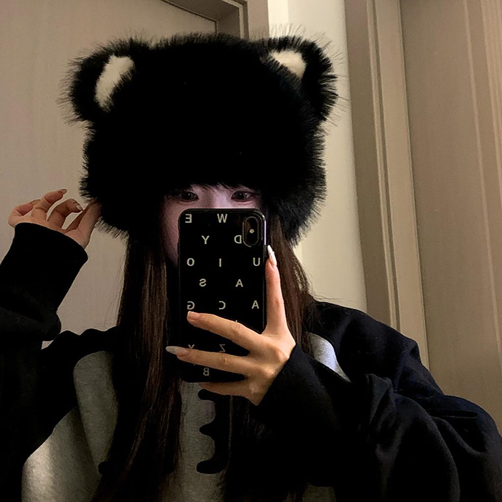 RICYGVM Winter Women Plush Beanie Soft Fluffy Fur Pullover Cap Snow Windproof Warm Ear Protection Hat Cute Cartoon Bear Bonnet
