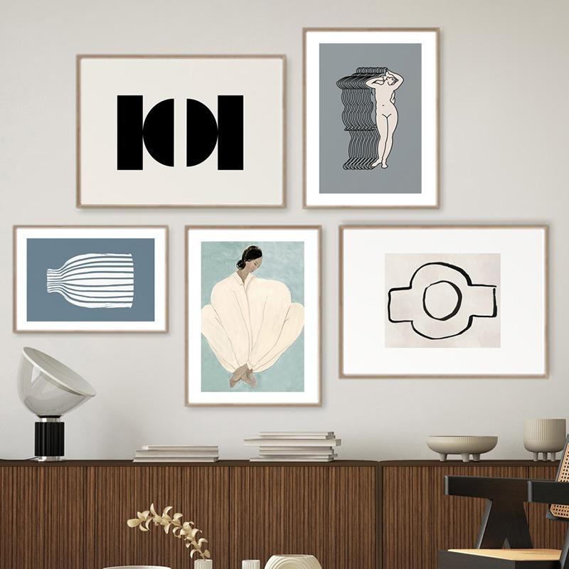 Modern Stripe Girl Nude Line Vase Abstract Art Posters Prints Wall Art Canvas Painting Hotel Bar Home Bedroom Room Decor Gifts