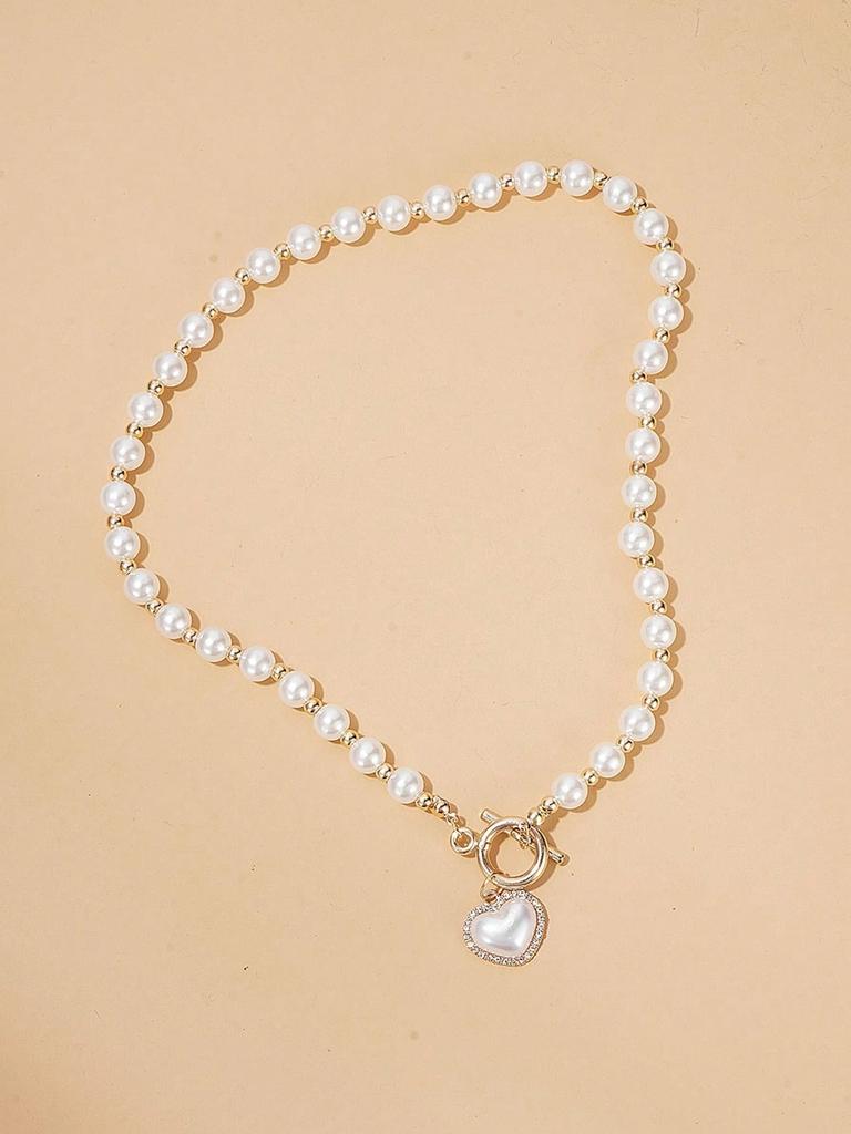 Elegant Faux Pearl Heart Necklace – Minimalist Clavicle Chain With OT Buckle Charm Jewelry, Dainty Valentine's Gift for Women