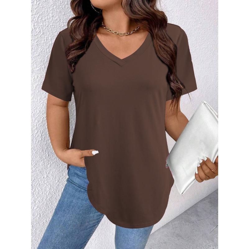 

Летние однотонные свободные футболки с коротким рукавом и V-образным вырезом большого размера для женщин 5XL коричневый