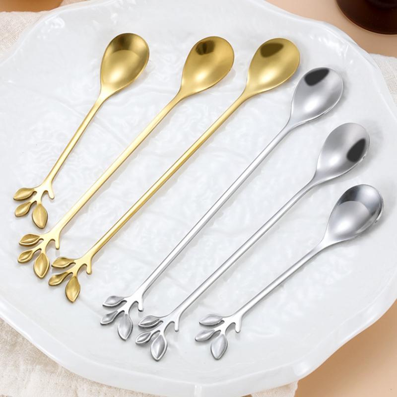 6Pcs Creative Personality Stainless Steel Gold Spoons Tree Leaf Spoon Coffee Spoon Tea Spoon Home Restaurant Dessert Cutlery Set
