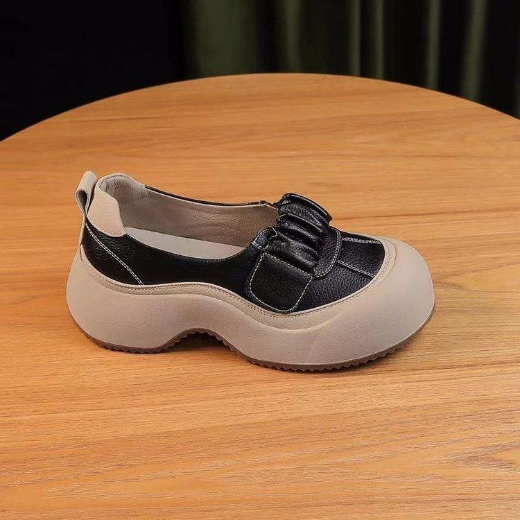 

Невысокие одинарные туфли увеличивают рост, весна новинка 2025 года дышащие и универсальные ретро повседневные туфли-бублики на толстой подошве для мам маленькие кожаные туфли для женщин 39 чёрный