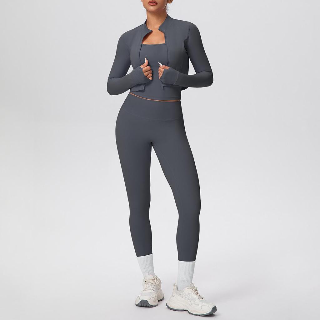Solid Color Racerback Yoga Three-piece Set for Fitness & Running