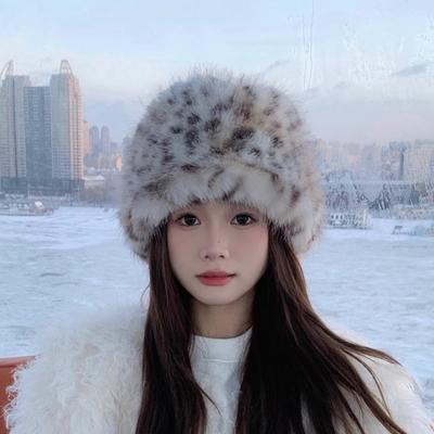 Leopard Plush Fisherman Hat Female Autumn And Winter Imitation Fur Spots Leopard Print Head Wrap Cap Warm Ear Protection Hat