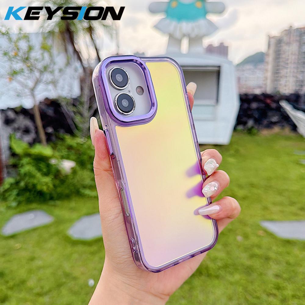 KEYSION Fashion Laser Gradient Colorful Phone Case for iPhone 16 Pro Max Soft TPU+PC Shockproof Back Cover for iPhone 16 Plus