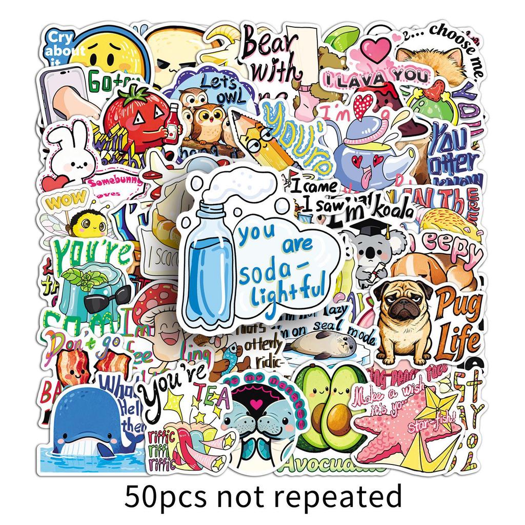 50PCS Cute Cartoon English Pun Stickers for Laptops, Tablets, and Phone Cases