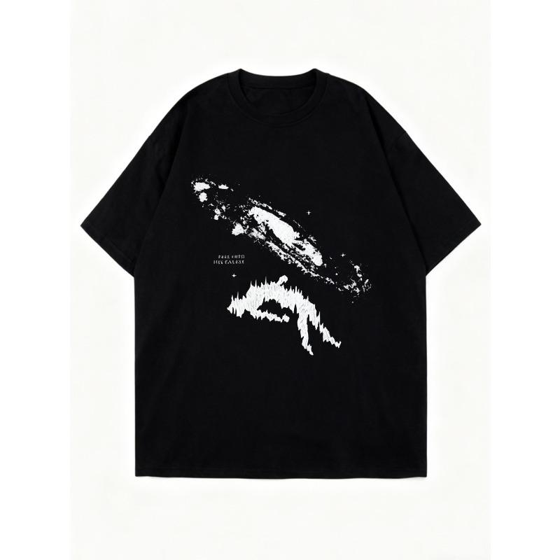 Oversized T Shirt Black Galaxy Print With Dinosaur And Text Graphic Casual Streetwear For Women
