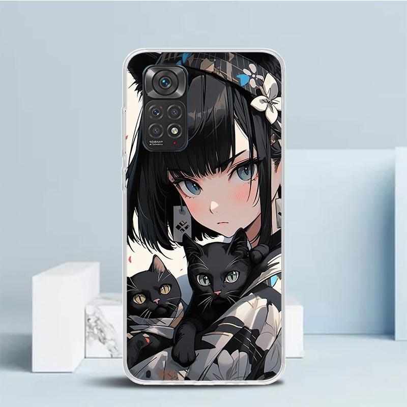 Anime Girls Cute Black Cat Phone Case For Xiaomi Redmi Note 15 14 14S 13 12S 12 Pro Plus 11S 11 11T 11E 10S 10 + Soft TPU Back C