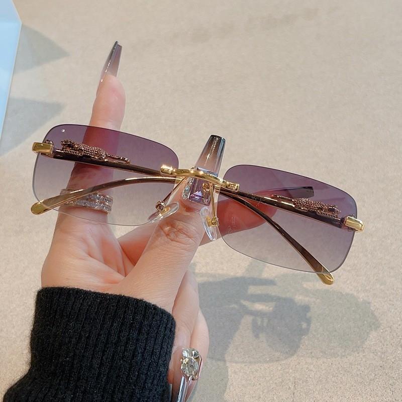 Metal Frameless Glasses with Cheetah Decoration Cut Edge Sunglasses Colored Lenses Retro Style