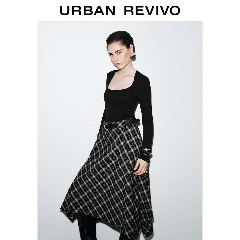 UR Women's 2025 Autumn Plaid Patchwork Belted A-Line Dress