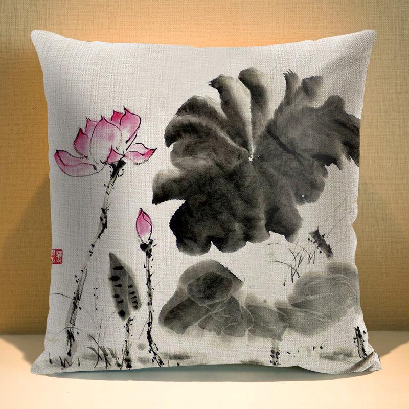 Chinese Ink Plant Pillow Case Flowers Xcm Square Decorative Cushion Cover for Sofa Home Printed Throw Polyester Pillowcase