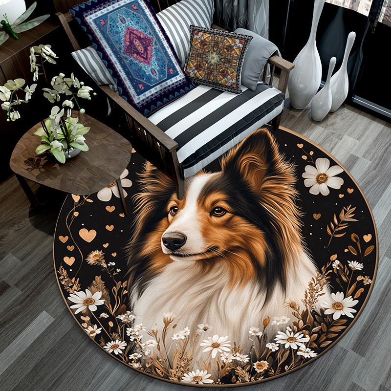 Collie Dog Round Area Rug,Carpet Rug for Living Room Bedroom Sofa Playroom Decor,Non-slip Floor Mat