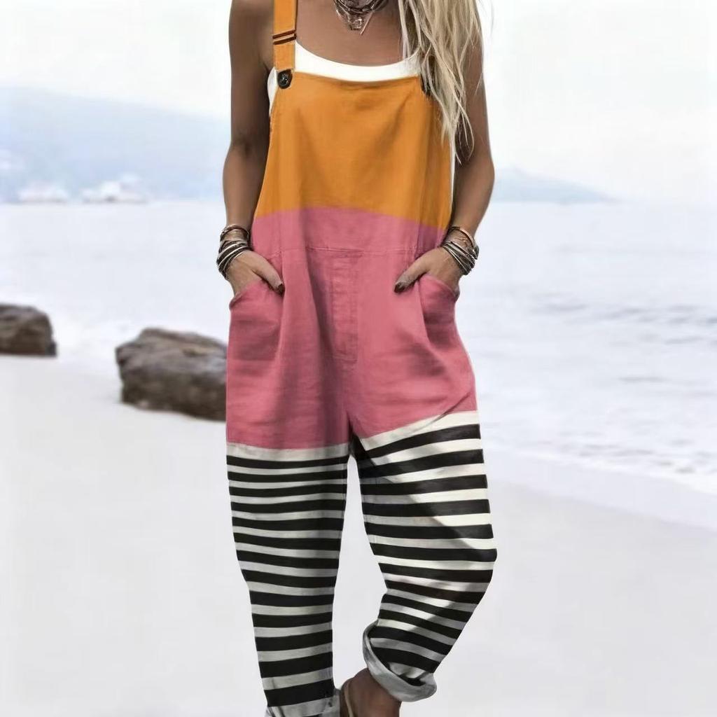 Women's Sleeveless Mid Rise 3D Digital Print Loose Casual Overalls Jumpsuit For Summer