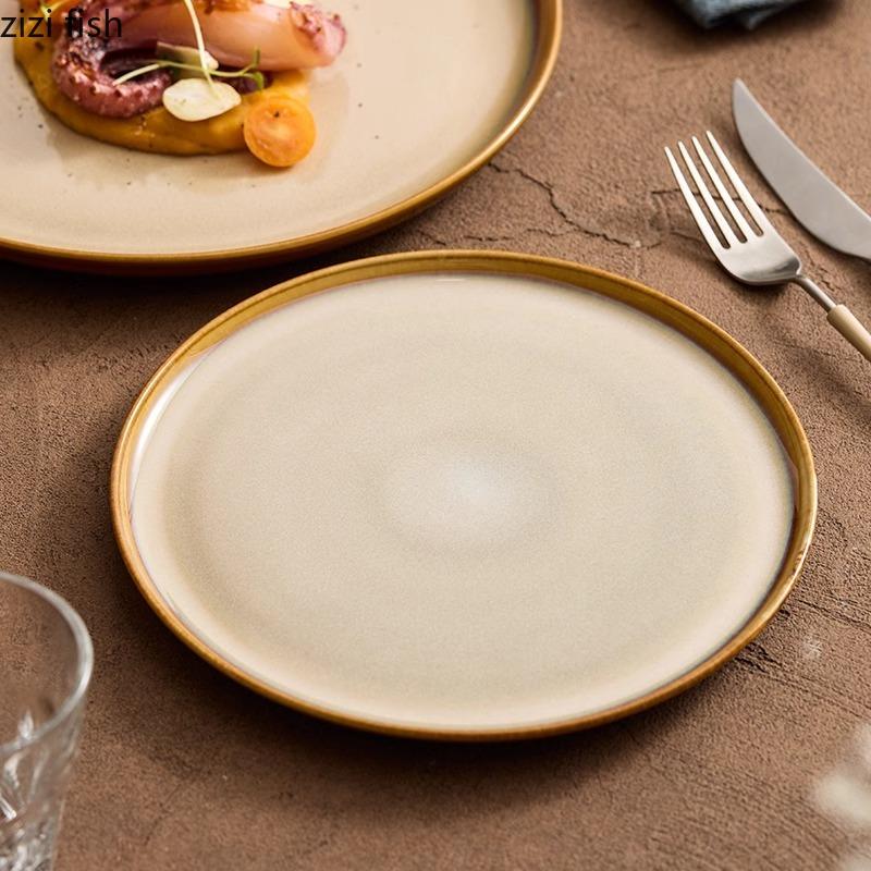 Assiette plate en céramique marron à changement de four, assiette à dessert rétro, assiette à steak, assiettes à sashimi, sushis, vaisselle créative pour restaurant