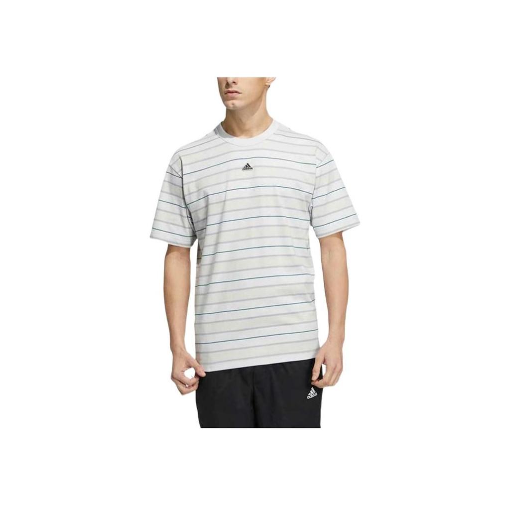Adidas Straight-Leg Logo Stripe Casual Short Sleeve T-Shirt Men Tops White HS4382