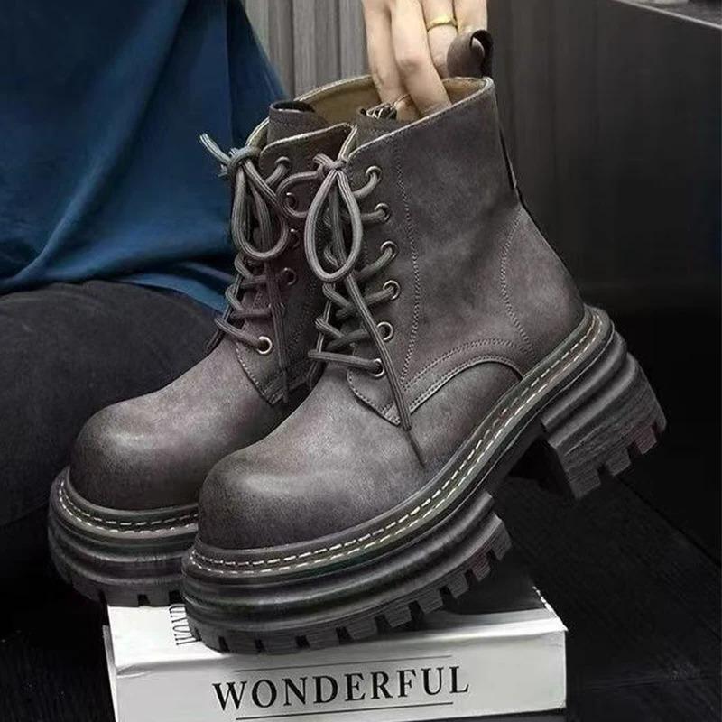 

Fashion Fashion Lace-Up Sewing Design Ankle Boots for Women Retro Round-Toe Chelsea Boots Comfortable Non-Slip Waterproof Platform Boots 35 серый