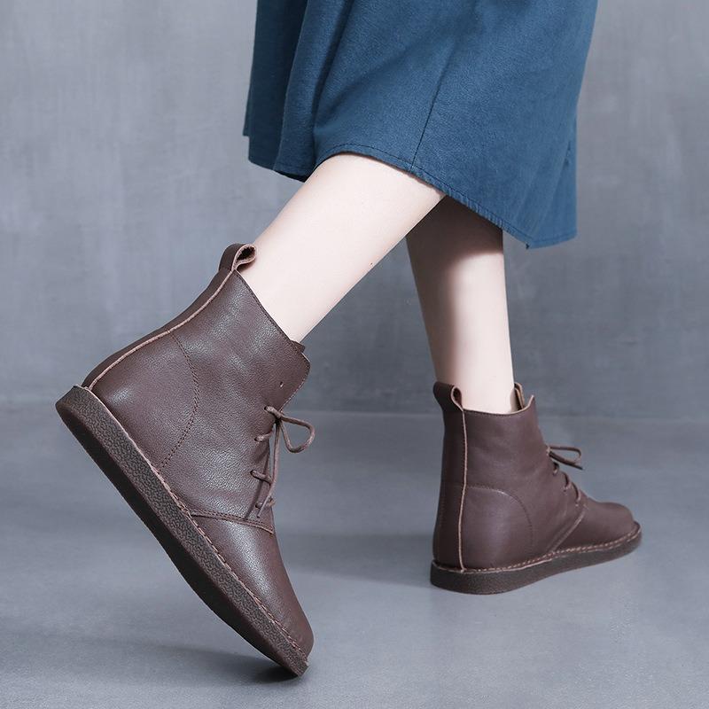 Handmade 100% Genuine Leather Short Boots Women's Flat Heel Big Head Boots Women Leisure Shoes Warm Women Boots