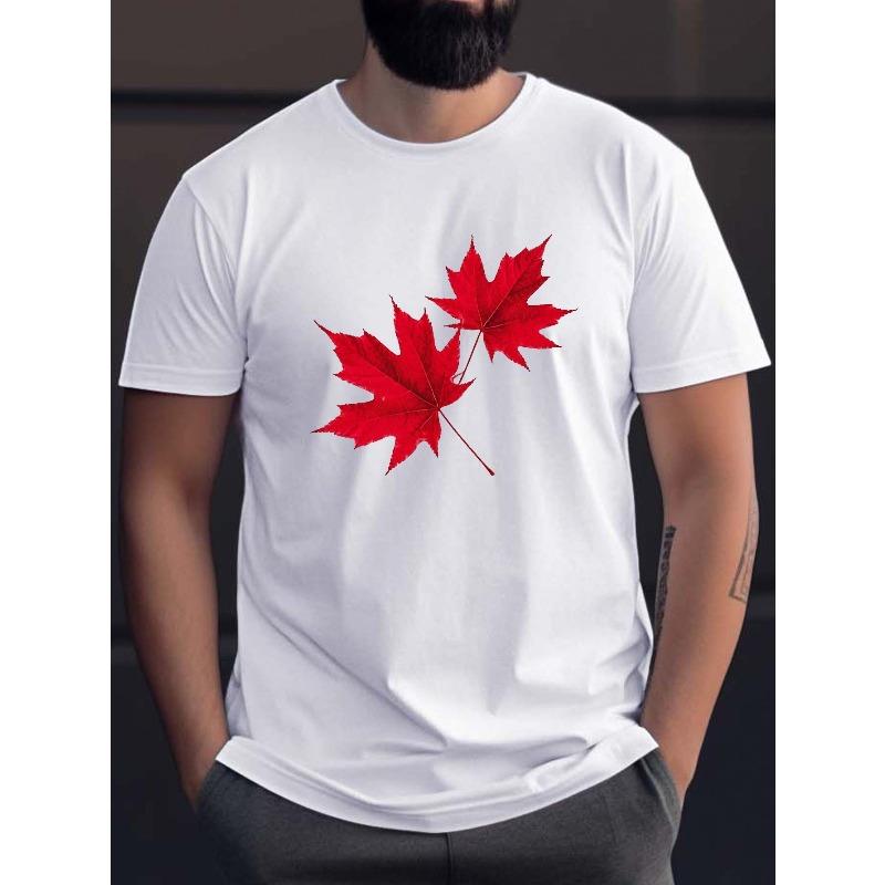 European Size Men's Lightweight Breathable Cotton T-Shirt with Vibrant Red Maple Leaf Print - Casual Athletic Short Sleeve Tee, Machine Washable