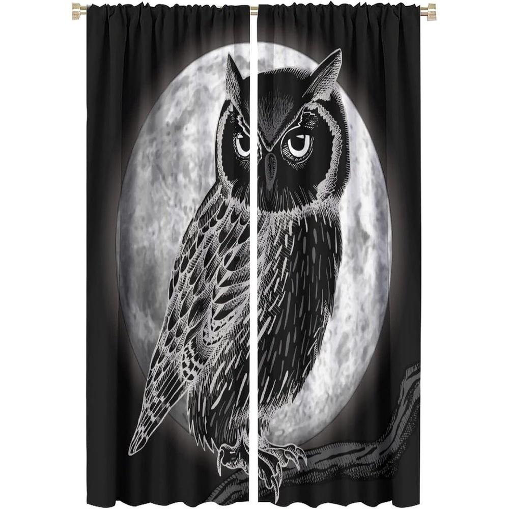 

2 Panels Owl Blackout Curtains - Night View Moon Owl Animal Print 100% Polyester Peach Light Beige Fabric Machine Washable Ro 100*130 HOOK 1pcs