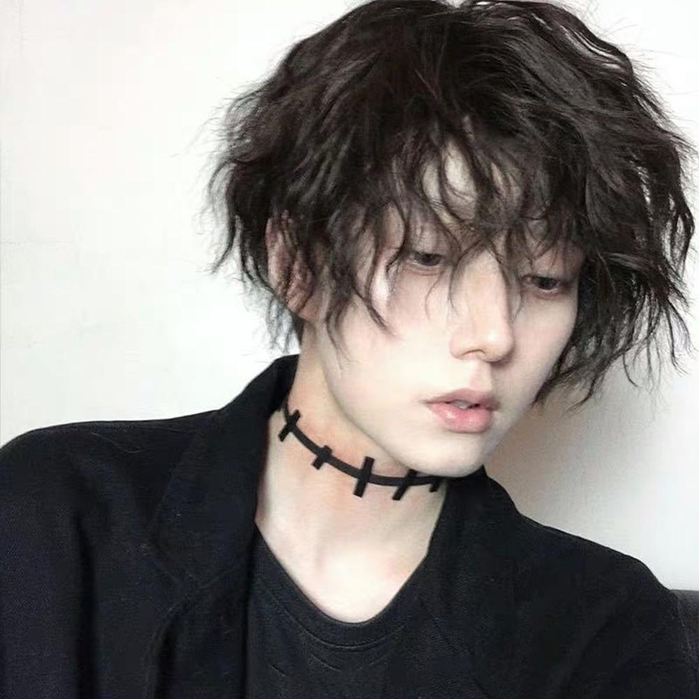 Tendenza Sintetica Uomo Parrucca Corta Riccia Naturale Nera Con Frangia Tipo di Testa Estensione Capelli Strumenti per lo Styling Per Cosplay Festa Copricapo
