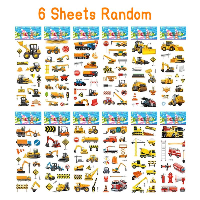 6/12 Sheet 3D Puffy Stickers for Kid Engineering Vehicle Excavator Stickers Cartoon Cars Stickers Toys for Children Gift for Boy