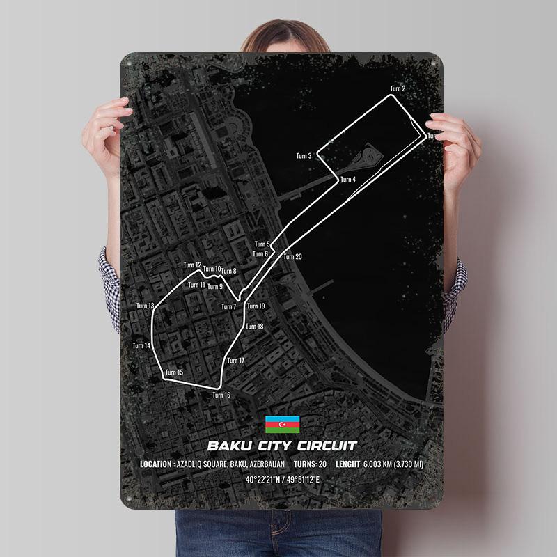 Baku Street Circuit Tin Plaque Poster Customized Wall Art Retro Vintage Metal Signs for Man Cave Mancave Decoration Room Decor