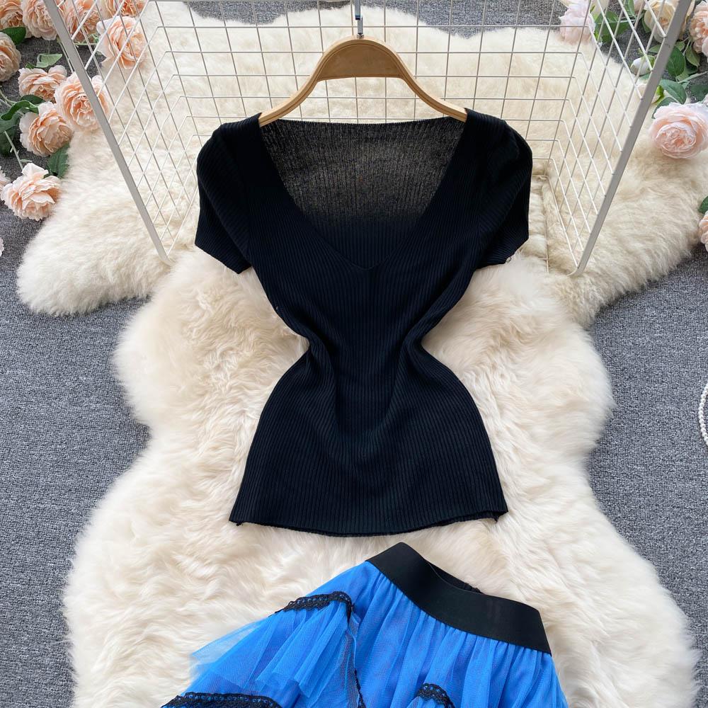 Sweet Temperament Two-Piece Suit V-Neck Knitted Top Blue Cake Skirt Mesh High Waist Retro Tutu Skirt