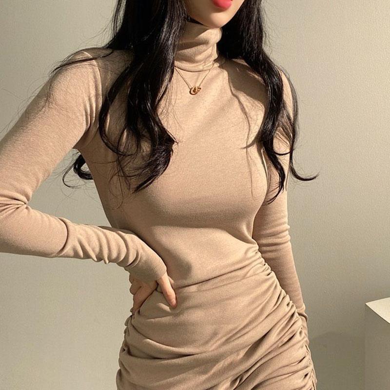 Sexy High Waist Bandage Dresses for Women Thicken Slim Elastic Turtleneck Dress Woman Solid Color Long Sleeve Inner Wear Dresses