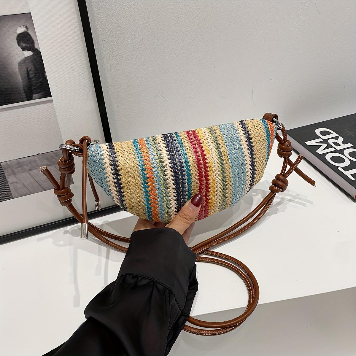 Rainbow Crossbody Bag Woven Bag Women s, Adjustable Strap, Zipper Closure, Vibrant Striped Design for Beach Vacatis Daily Use