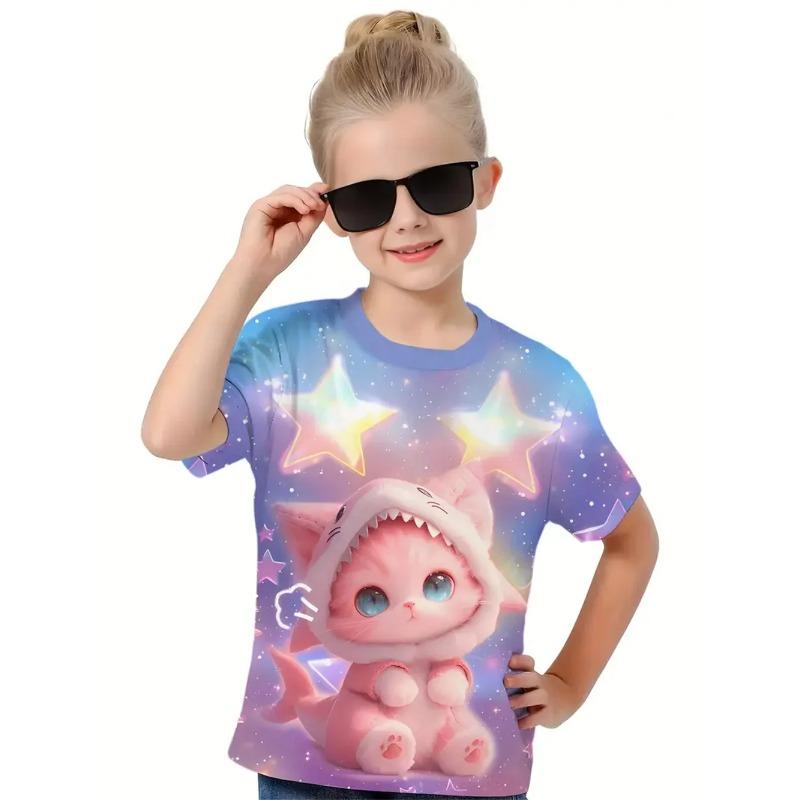 Letní tričko s kulatým výstřihem a 3D potiskem kočky, módní a ležérní dětské dívčí tričko s krátkým rukávem