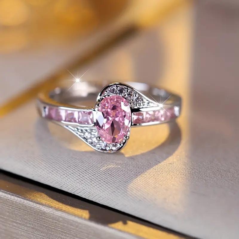 Vintage Female Oval Cut Pink Stone CZ Ring Silvery Color Engagement Ring Bride Wedding Rings for Women