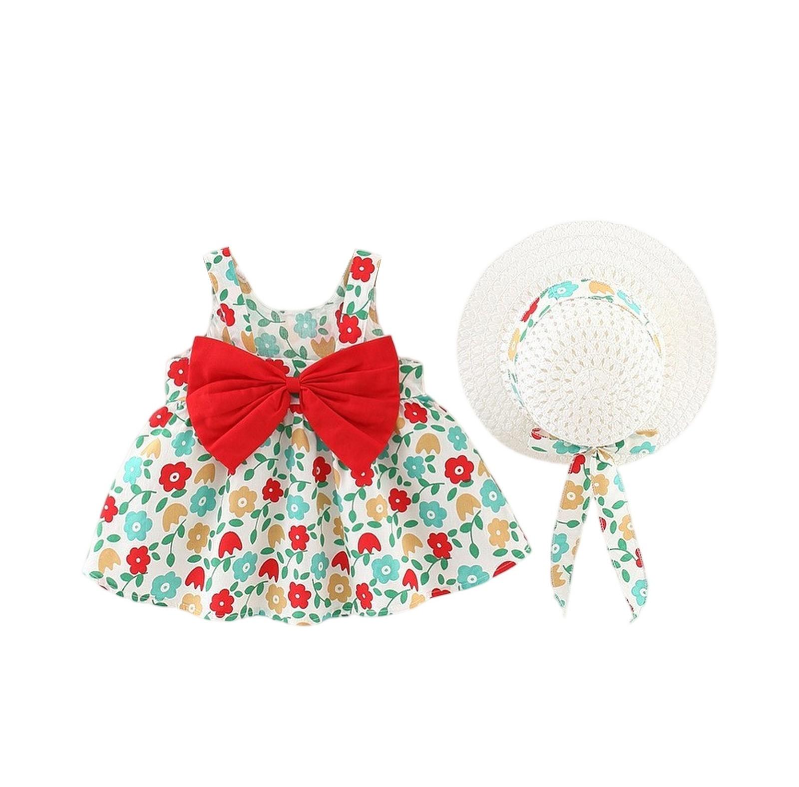 

Літній дитячий комплект без рукавів: сукня та капелюх - Милий принцесячий наряд з квітковим принтом 90 Кіновар